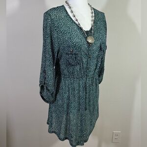 Siren Lily maternity sz lg tunic /top sheer green print elasticized raised waist